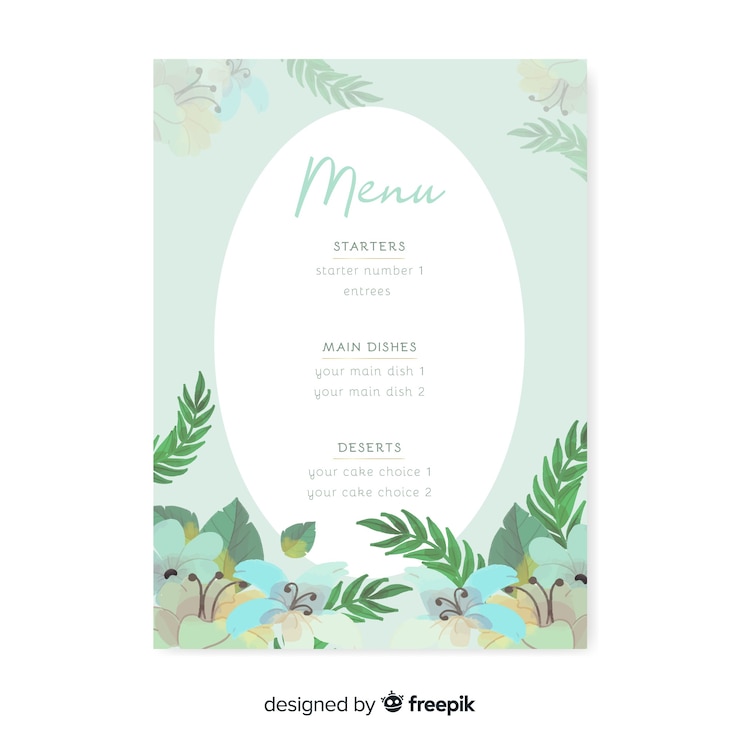 Vector gratuito plantilla floral de menú de boda en acuarela