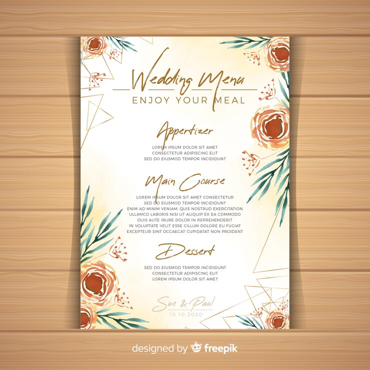 Vector gratuito plantilla floral de menú de boda en acuarela