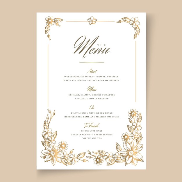 Plantilla floral de menú de boda