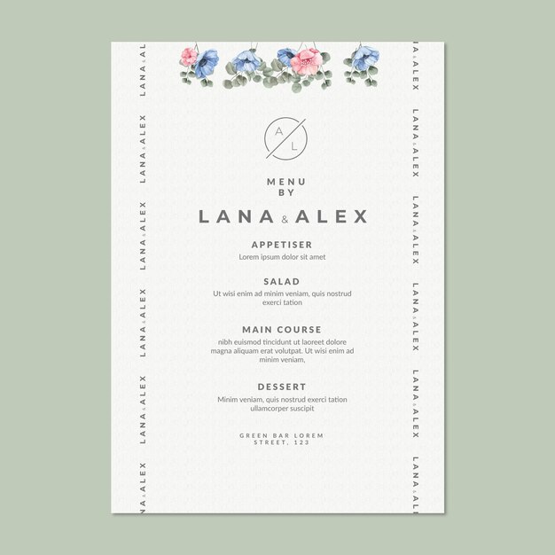 Plantilla floral de menú de boda