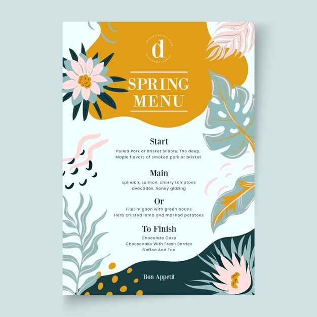 Plantilla floral de menú de primavera de diseño plano