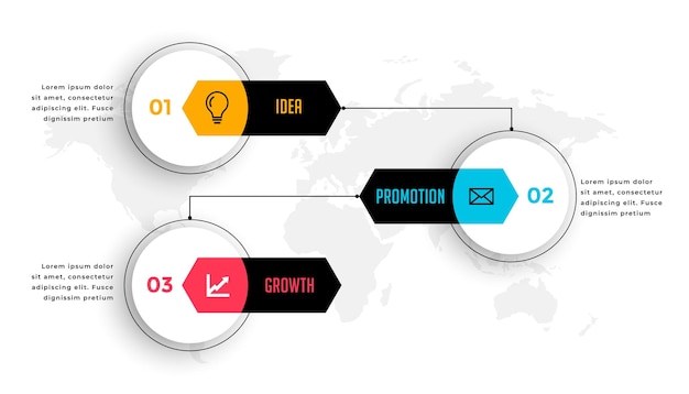 Vector gratuito plantilla de flujo de trabajo de datos infográficos de 3 pasos para el vector de éxito corporativo