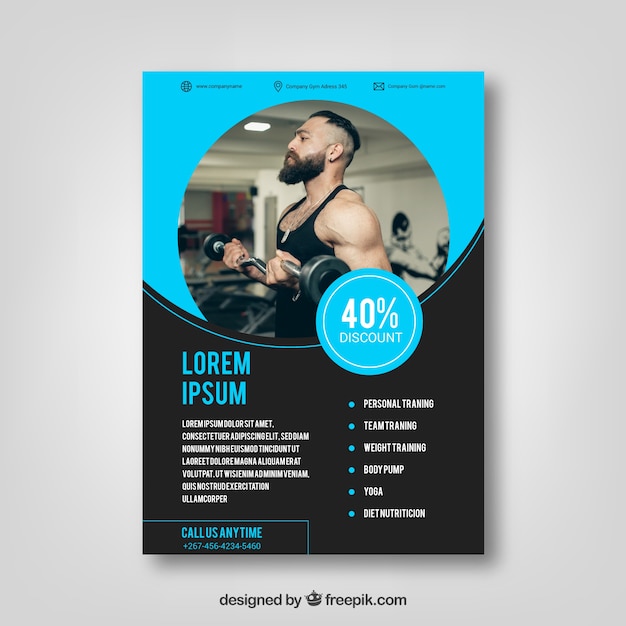 Plantilla de flyer azul de gimnasio con imagen