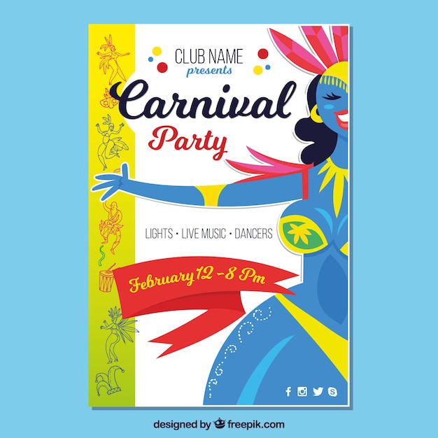 Vector gratuito plantilla de flyer de carnaval con mujer azul