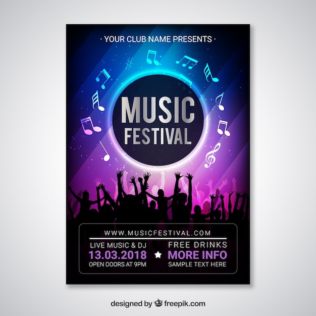 Plantilla de flyer para festival de música con silueta de multitud