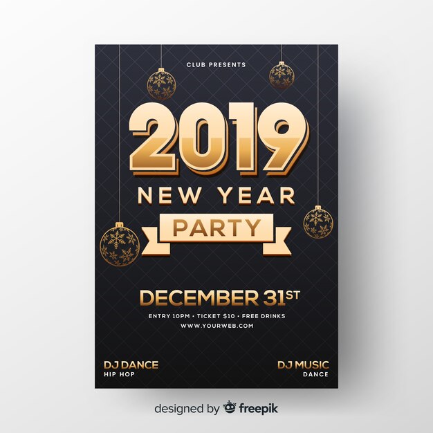 Plantilla de flyer de fiesta de año nuevo 2019 realista