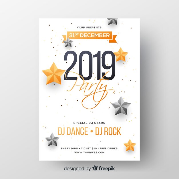 Plantilla de flyer de fiesta de año nuevo 2019 realista