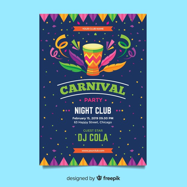 Plantilla de flyer de fiesta de carnavales en diseño plano