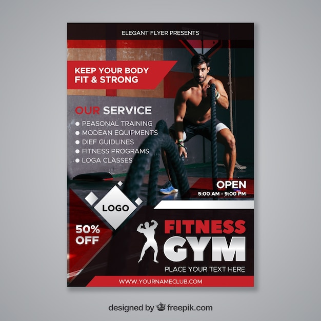 Vector gratuito plantilla de flyer moderno rojo de gimnasio con imagen