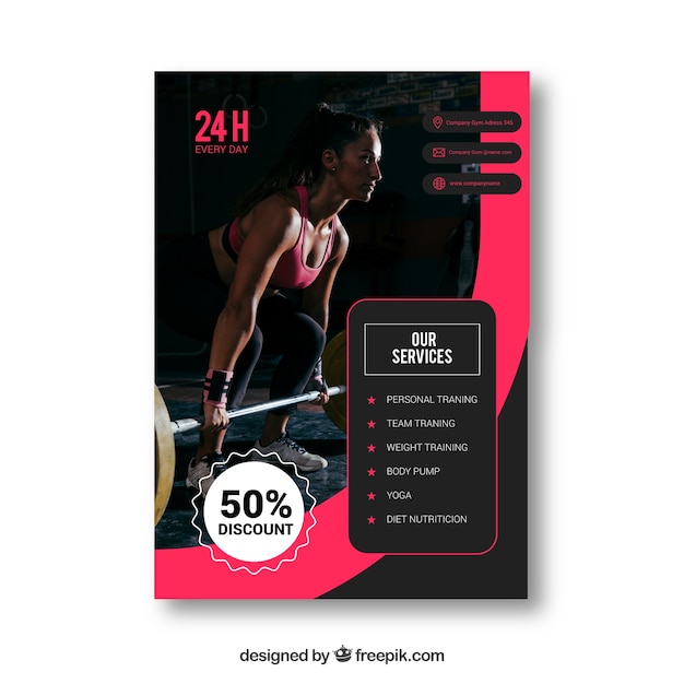 Plantilla de flyer negro y rosa de gimnasio con imagen