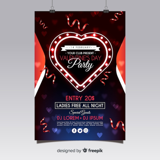 Vector gratuito plantilla de flyer realista para fiesta de san valentín