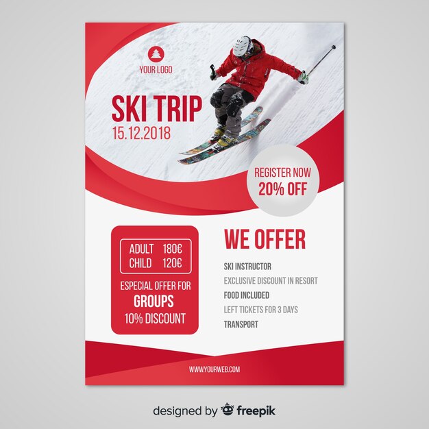 Plantilla de flyer de viaje para esquiar