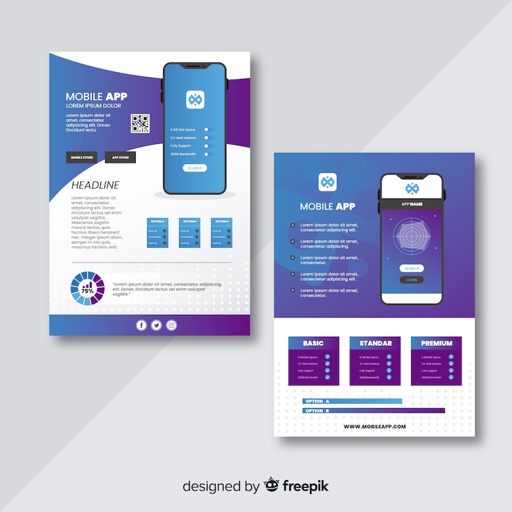 Vector gratuito plantilla de folleto de la aplicación móvil