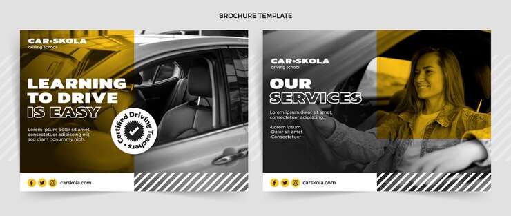 Vector gratuito plantilla de folleto de autoescuela de diseño plano