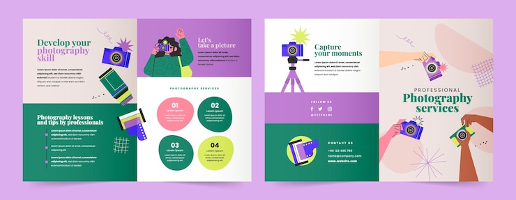 Vector gratuito plantilla de folleto para la carrera y el hobby del fotógrafo.