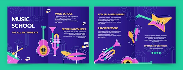 Vector gratuito plantilla de folleto de educación y clases de escuela de música plana