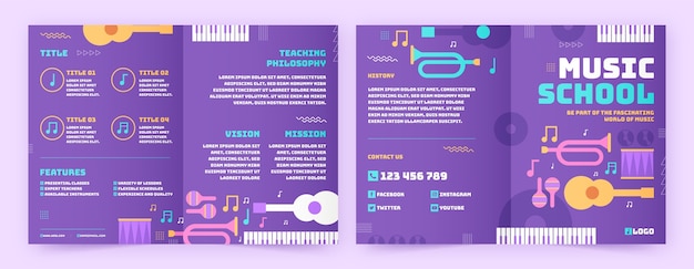 Plantilla de folleto de escuela de música de diseño plano