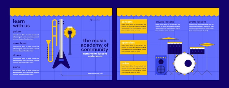 Vector gratuito plantilla de folleto de escuela de música de diseño plano