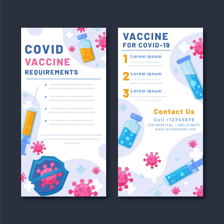 Vector gratuito plantilla de folleto informativo de vacunación contra el coronavirus dibujado a mano plana