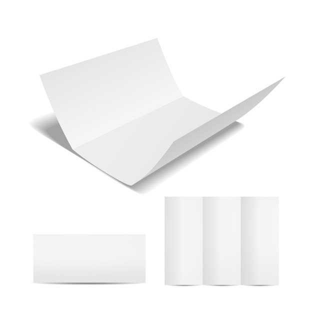 Plantilla de folleto o volante blanco en blanco con una hoja de papel triple en el formato abierto cerrado y parcialmente abierto en un blanco para su marketing y publicidad