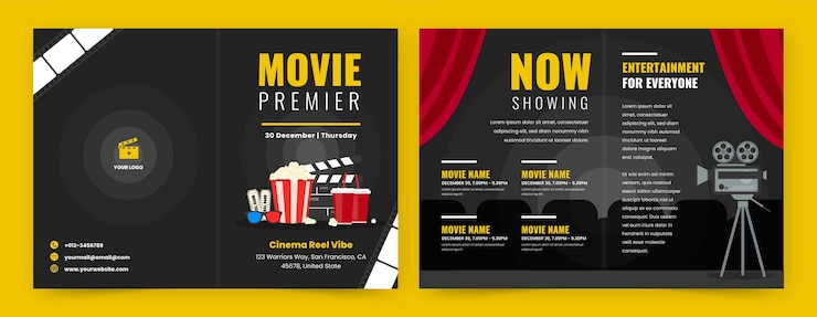 Vector gratuito plantilla de folleto plano para evento de estreno de película