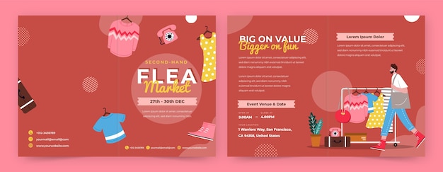 Vector gratuito plantilla de folleto plano para evento de mercado de pulgas de segunda mano