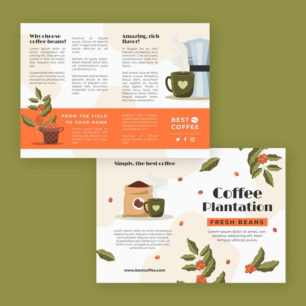 Plantilla de folleto de plantación de café dibujada a mano
