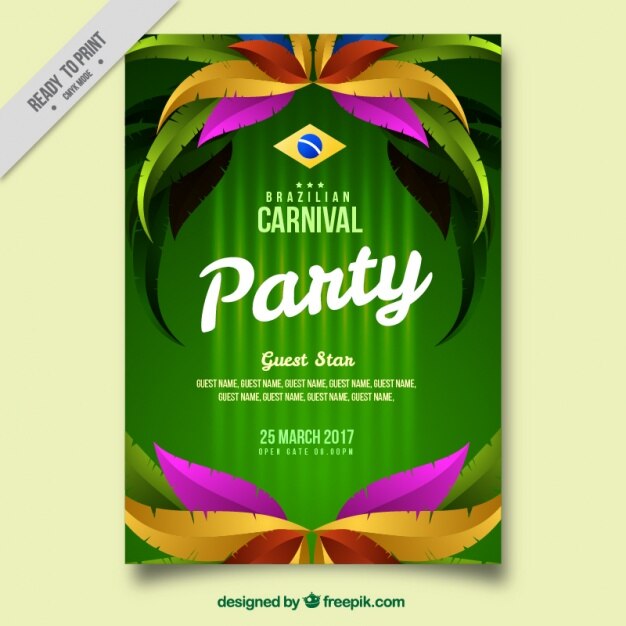 Plantilla de folleto con plumas coloridas para el carnaval de brasil