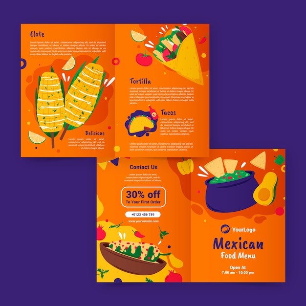 Plantilla de folleto de restaurante mexicano dibujado a mano