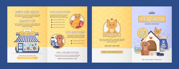 Vector gratuito plantilla de folleto de tienda de mascotas dibujada a mano