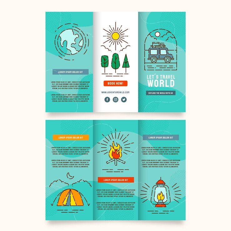Vector gratuito plantilla de folleto tríptico de aventura plana lineal
