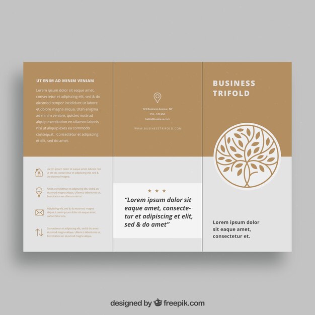 Plantilla de folleto tríptico blanca y marrón