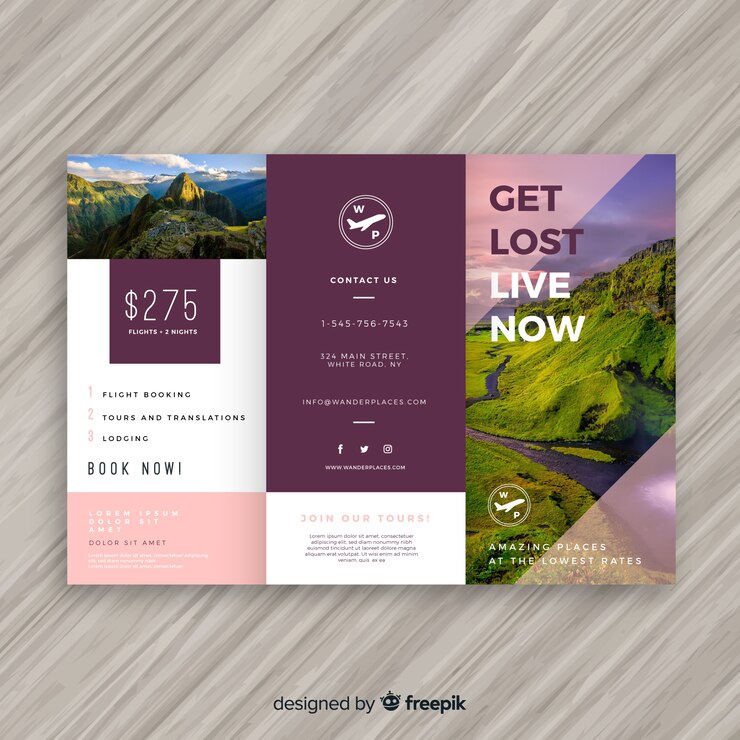 Vector gratuito plantilla de folleto tríptico de viaje