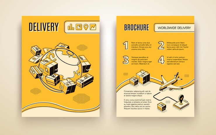 Vector gratuito plantilla de folleto de vector para envío mundial, entrega aérea