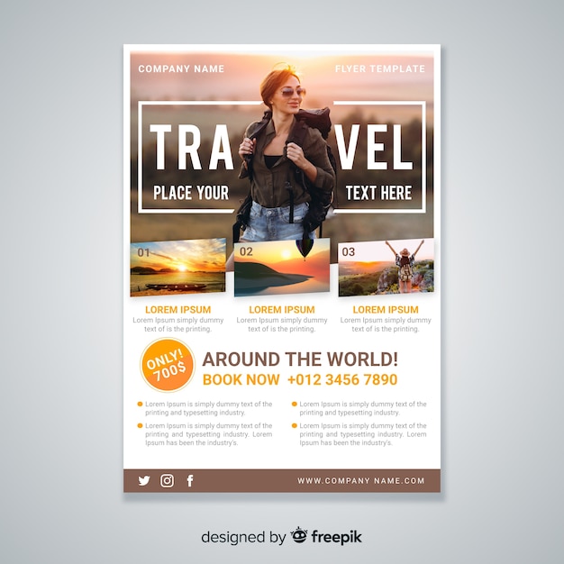 Vector gratuito plantilla de folleto de viajes con foto