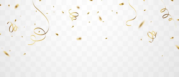 Plantilla de fondo de celebración con confeti y cintas doradas. tarjeta rica de saludo de lujo.