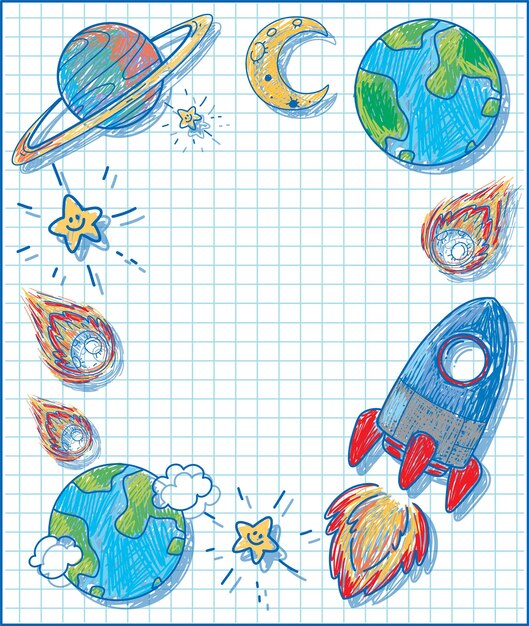 Plantilla de fondo de crayón de color dibujado a mano de nave espacial