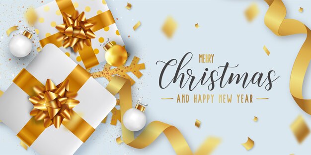 Plantilla de fondo de feliz Navidad y próspero año nuevo con objetos navideños realistas
