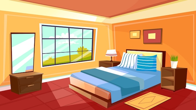 Vector gratuito plantilla de fondo interior de dormitorio de dibujos animados. acogedora habitación moderna en la luz de la mañana