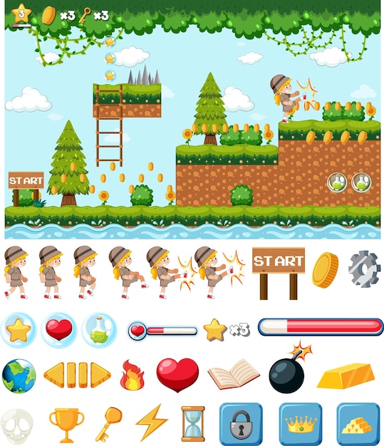 Plantilla de fondo de juego de plataforma con elementos