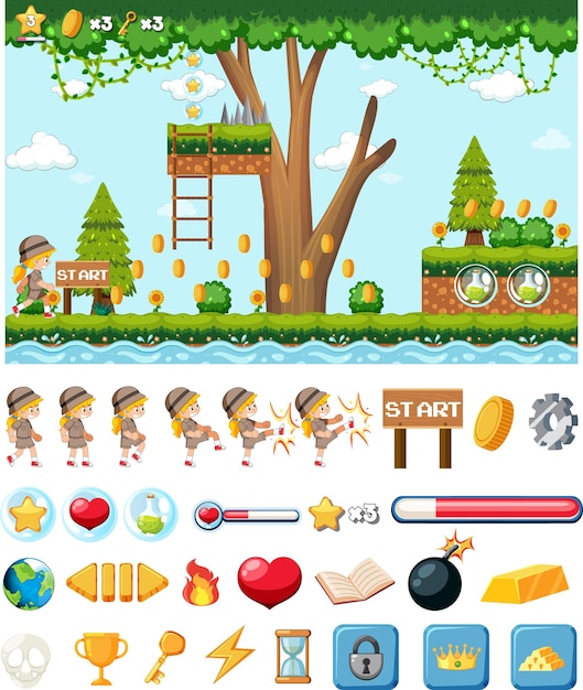 Plantilla de fondo de juego de plataforma con elementos