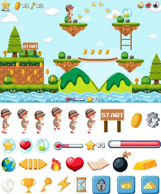 Plantilla de fondo de juego de plataforma con elementos