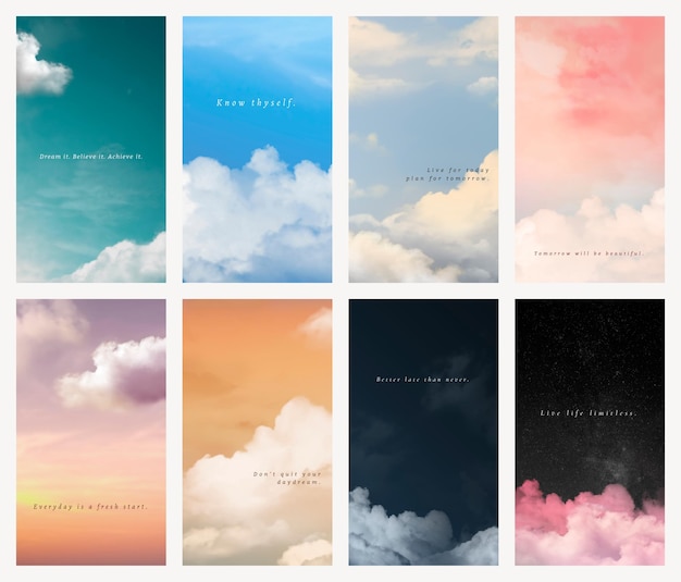 Plantilla de fondo de pantalla móvil de vector de cielo y nubes con conjunto de citas inspiradoras
