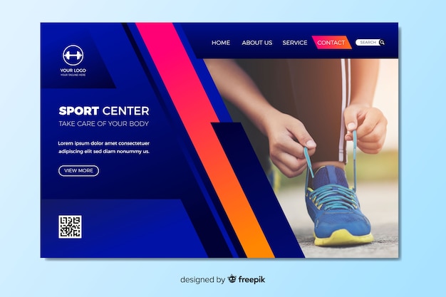 Vector gratuito plantilla con foto de landing page de deporte