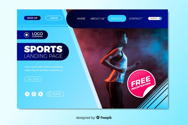 Vector gratuito plantilla con foto de landing page de deporte