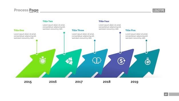 Plantilla de gráfico de proceso de línea de tiempo de cinco flechas. datos comerciales