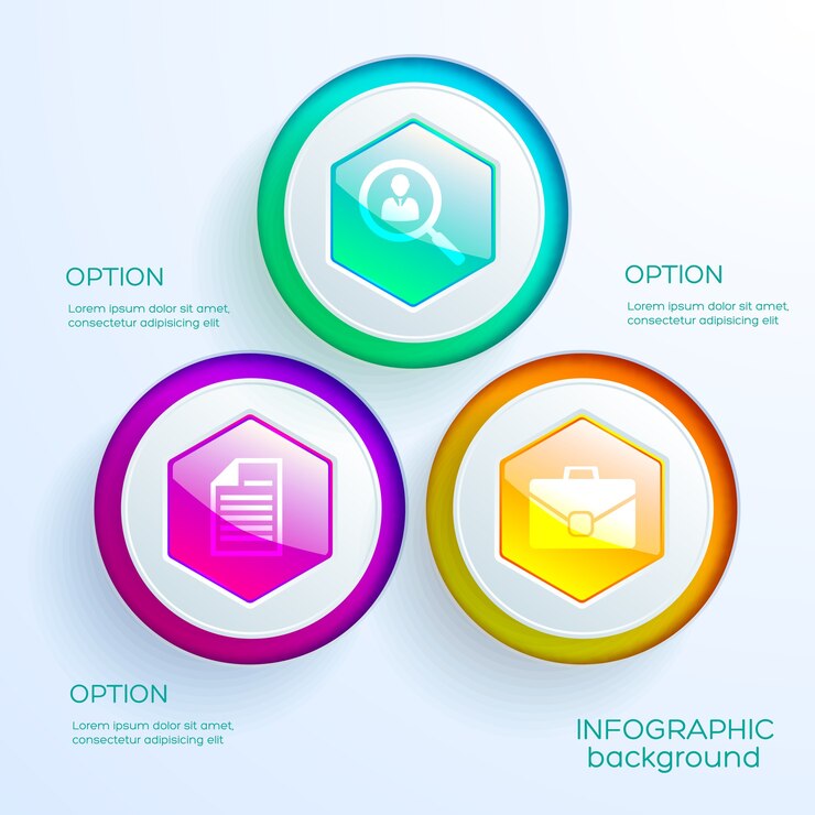 Vector gratuito plantilla de gráfico web de infografía empresarial con tres iconos y botones hexagonales brillantes coloridos aislados