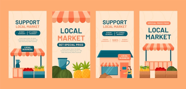 Vector gratuito plantilla de historias de instagram de mercado local de diseño plano