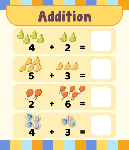 Plantilla de hoja de cálculo de matemáticas de adición preescolar