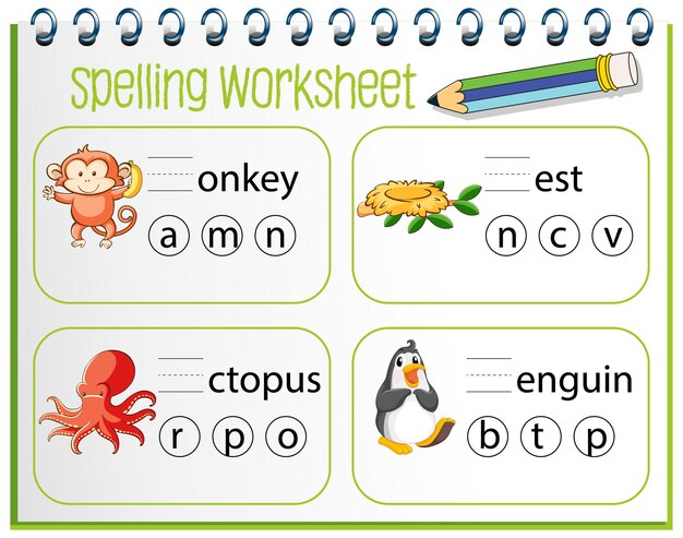 Plantilla de hoja de trabajo de ortografía para niños